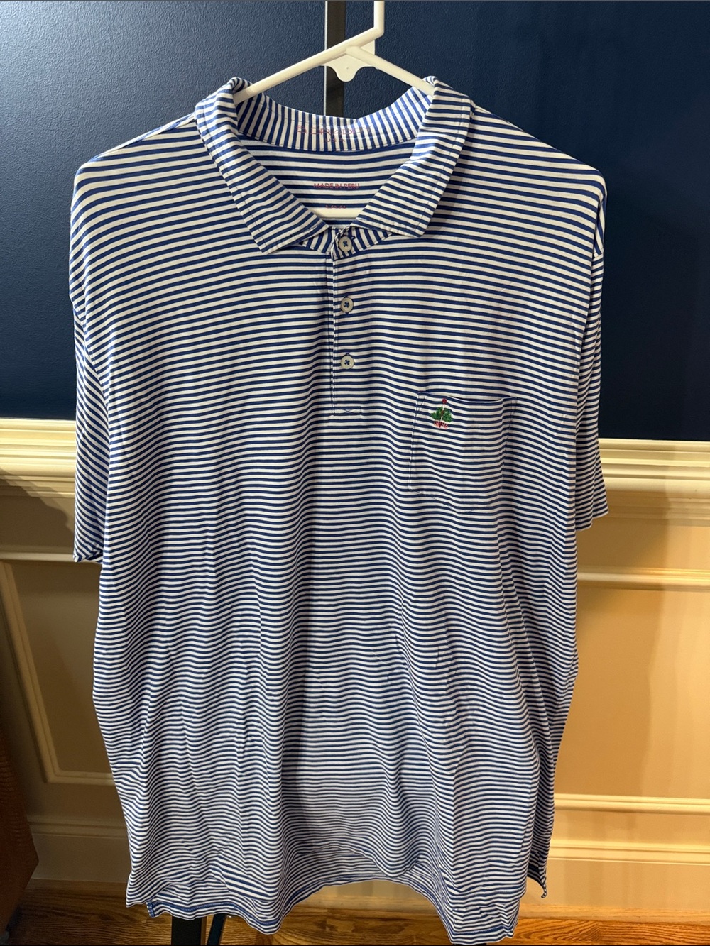 Men's Blue and White Striped Polo with Subtle Chest Embroidery